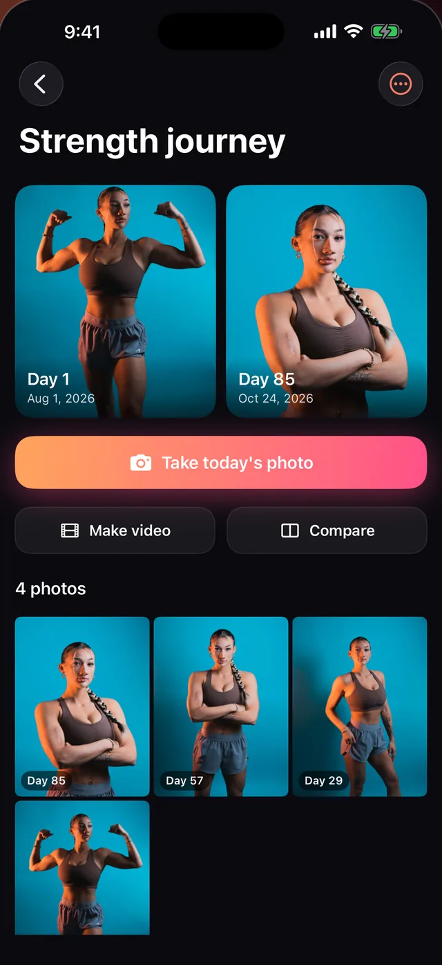 An album of progress photos with Make video and Compare buttons