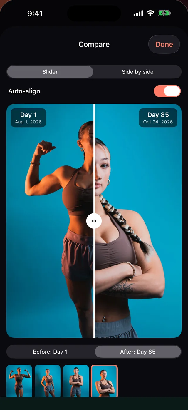 Compare screen with Auto-align switched on and a slider between Day 1 and Day 85